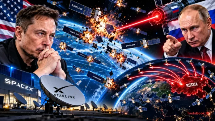 Elon Musk Starlink Space War - Russia threatens to destroy Starlink, Kessler syndrome meaning in Hindi, Rassvet Russian satellite, Space War 2026, Starlink alternative in India Jio, UPSC Science and Tech Current Affairs.